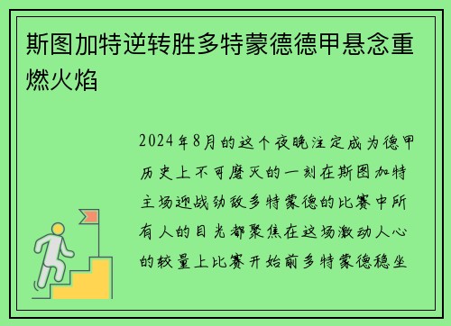 斯图加特逆转胜多特蒙德德甲悬念重燃火焰