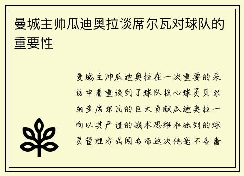 曼城主帅瓜迪奥拉谈席尔瓦对球队的重要性